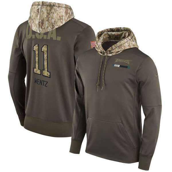 Nike Eagles 11 Carson Wentz Men's Olive Salute To Service Pullover Hoodie